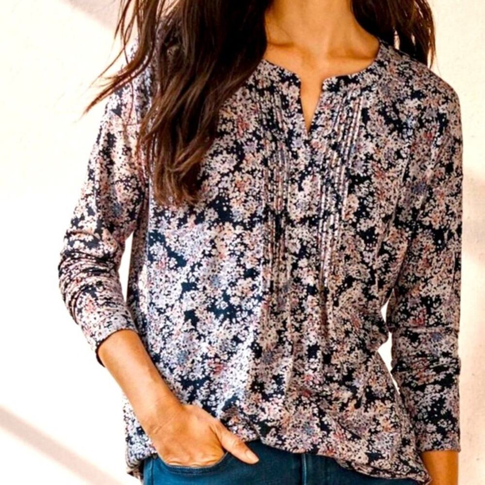 J. Jill popover purple floral tunic top cotton modal V neck LP petite pintucked